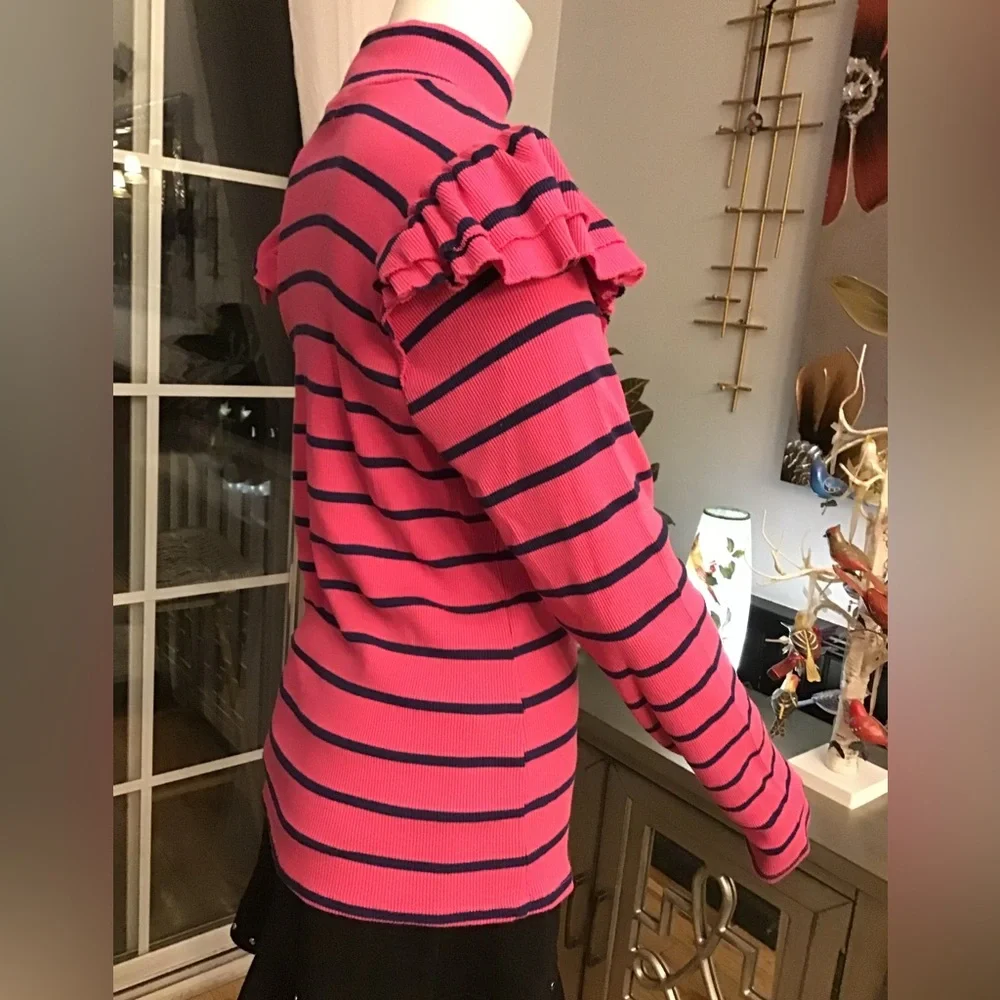 T.La Anthropologie Vibrant Pink Navy Stripe Ruffle Turtleneck Pullover Woman XL - Picture 5 of 11